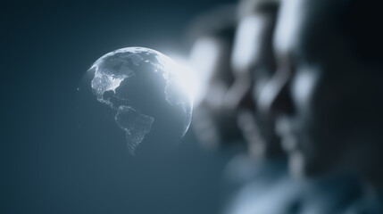 Poster - Global Connection: A person's hand reaches out towards a glowing digital globe, symbolizing global interconnectedness, digital networking, and worldwide communication.