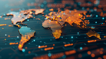 Poster - Digital World Map: A detailed digital world map with intricate network connections, illustrating the interconnectedness of modern technology. The map features a vibrant display of data flow.