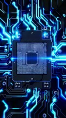 Poster - Dynamic circuit board with pulsing blue energy through microchips