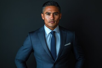 Poster - Portrait of a confident businessman in a sharp blue suit, exuding professionalism and success.