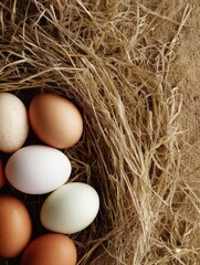 Aufkleber - Fresh Eggs Arranged in a Straw Nest With a Blank Area for Additional Elements or Text Above