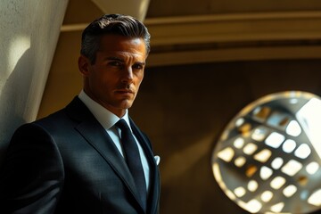 Poster - A sophisticated man in a sharp suit, exuding confidence and style in an urban setting.