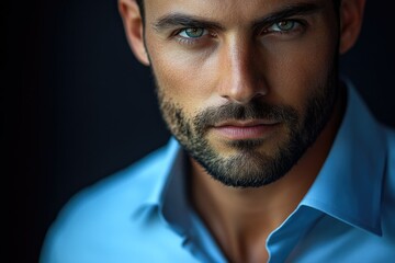 Aufkleber - Close-up portrait of a handsome man with intense blue eyes and a well-groomed beard, wearing a light blue shirt.