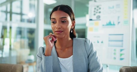 Aufkleber - businesswoman, graphs and thinking at office for finance, report or budget planning with decision. p
