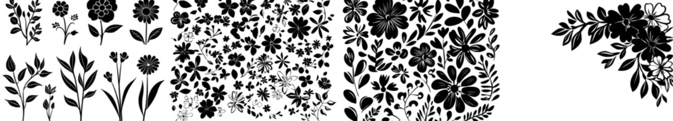 Poster - a modern set featuring hand-drawn chamomile in black paint, showcasing ink drawings of flowers and p