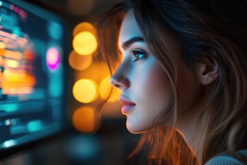 Aufkleber - A young woman gazes intently at a computer screen filled with code, illuminated by warm background lights.