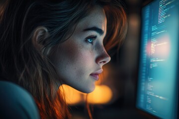 Aufkleber - A young woman with freckles intensely focused on a computer screen filled with lines of code.