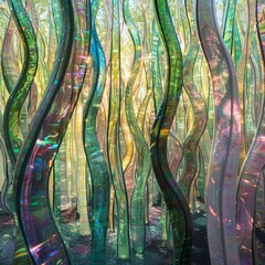 Poster - A surreal forest made of iridescent glass trees, their trunks swirling with vibrant greens, pinks, and blues, reflecting the morning sunlight