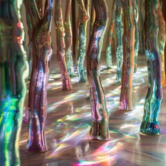 Poster - A surreal forest made of iridescent glass trees, their trunks swirling with vibrant greens, pinks, and blues, reflecting the morning sunlight