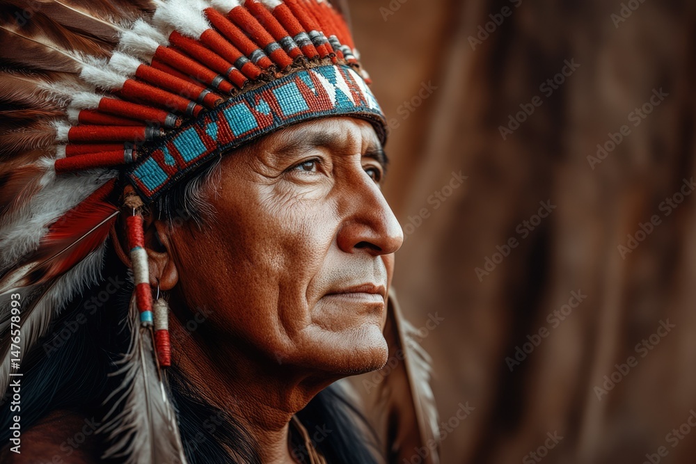Portrait of a Native American man wearing a traditional headdress ...