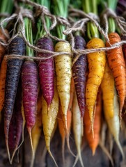 Poster - Colorful Carrots Tied Together With Twine Create a Vibrant Display in a Rustic Setting