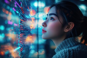 Aufkleber - A young woman gazes in wonder at a futuristic digital display filled with glowing code.