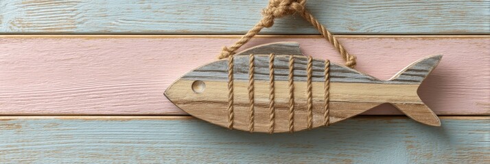 Poster - Wooden Fish Sign Hanging With Rope on Pastel Colored Wall, Adding a Playful Touch to the Decor in a Coastal Style Setting