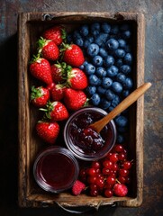 Aufkleber - Fresh Berries and Homemade Jam on a Rustic Tray Displaying Vibrant Strawberries, Blueberries, and Currants for a Summer Feast