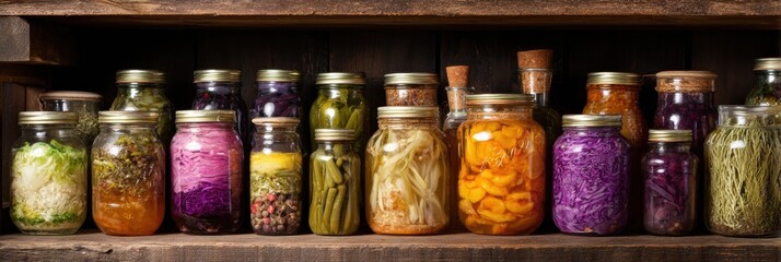 Poster - Colorful Preserved Vegetables in Mason Jars on Rustic Wooden Shelf With Empty Space for More Jars