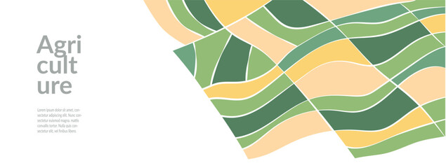 Wall Mural - Aerial view of rural farm with rice wheat tea vineyard crop. Abstract geometric pattern, organic patchwork, agriculture design, ecology, summer landscape. Farming package or poster vector illustration