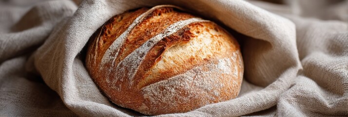 Fototapete - Freshly Baked Sourdough Loaf in a Linen Wrap Showing Open Corner With Golden Crust and Soft Interior, Perfect for Any Meal