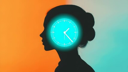 Poster - Female silhouette profiling glowing clock within mind, symbolizing time management, organizational skills, deadline awareness against vibrant orange teal gradient background