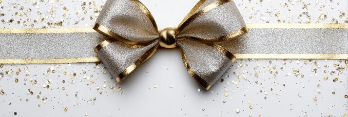 Leinwandbilder - Shiny Foil Bow With Sparkles Floating Above a Blank White Surface Creating a Festive Atmosphere for Celebrations and Special Occasions