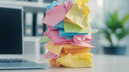 Poster - Messy stack of colorful sticky notes, some crumpled and some folded, sits on a desk in an office environment, next to a laptop, representing brainstorming and creative thinking