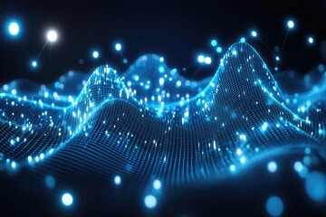 Fototapete - Abstract digital landscape of glowing data points forming undulating waves.  Complex network of interconnected nodes and luminous particles