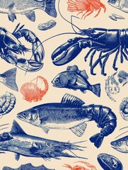 Poster - Tiled Seafood Illustrations Create a Vibrant Repeating Pattern With Central Space for Design Elements