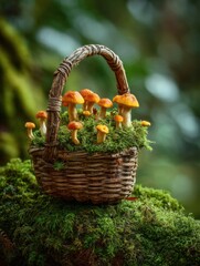 Aufkleber - Mushrooms Nestled in a Basket Surrounded by Lush Green Moss in a Tranquil Forest Setting