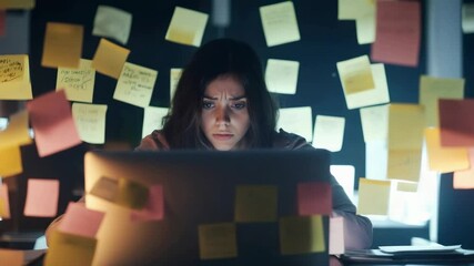 Aufkleber - Young stressed businesswoman working late at night on a laptop in an office covered with sticky notes, struggling to meet deadlines and manage her workload
