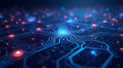 Aufkleber - Abstract futuristic electronic circuit board detail with glowing elements. Concept of high tech digital system and internet connection for computer science.