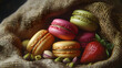 © Prasanth - Three colorful macarons nestled in a cloth with pistachios and fresh strawberries scattered around them. Concept Macarons Display, Colorful Pastry, Rustic Presentation, Fresh Ingredients