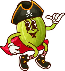 Aufkleber - Cartoon groovy gooseberry berry corsair character in pirate hat, cape and striking a playful shaka gesture. Vector garden plant personage with friendly expression ready for party fun and sea adventure