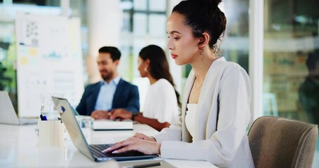 Poster - Meeting, businesswoman and typing with laptop for research report, finance or investment in office. Boardroom, female person and financial advisor with tech for information, risk management or review