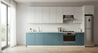 © Natthapong - Modern Minimalist Kitchen Design with Blue Cabinets and Open Space