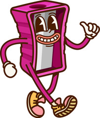Leinwandbilder - Cartoon groovy school stationery character with funny silly face, vector sharpener. Retro cartoon groovy school stationery with freaky funky smile in hipster shoes for student education item character