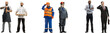 © master1305 - Collage. Group of different men of various professions, such as butcher, chef, builder, miner, businessman isolated on transparent background. Concept of occupation, employment