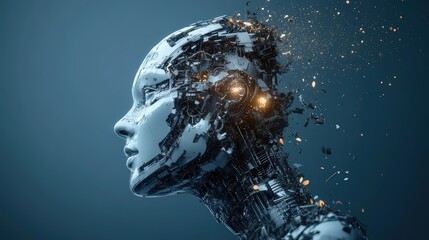 Poster - Futuristic Robot Head Profile View with Complex Circuitry and Sparks Effect