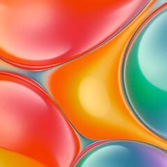 Wall Mural - Abstract 3D geometric iridescent holographic background with metal chrome surface with multicolored sheen, vibrant orange, blue, red, turquoise, green shade, reflective glass shape with colored stains