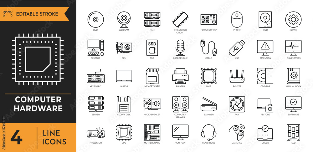 Install Hardware Icon Examples Computer hardware outline icon set. Contain icons related to pc, laptop ...