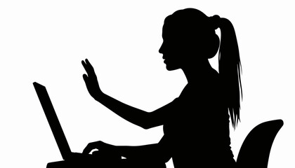 Poster - Silhouette of a woman raising hand while typing at a computer, digital communication