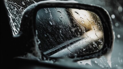 Poster - Close Up of Soap Covered Rearview Mirror with Reflections and Raindrops