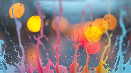 Poster - Vibrant Rainbow Foam Dripping on Wet Window with Soft Bokeh Lights