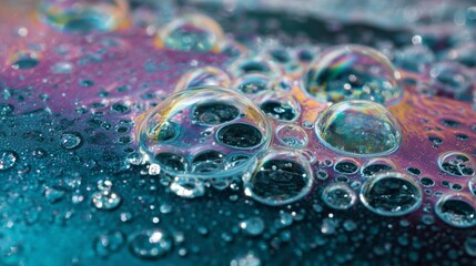 Poster - Colorful Soap Bubbles with Reflections on a Vibrant Surface