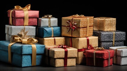 Poster - Stack of Beautifully Wrapped Gift Boxes Arranged Creatively With Spotlight Illuminating Details in a Festive Atmosphere