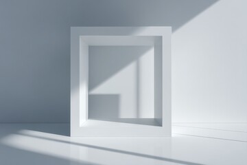 Aufkleber - Minimalist Architectural Display: A geometric art piece, crafted from a refined white hue, stands elegantly in a contemporary studio space, enhanced by the dynamic play of light and shadow.