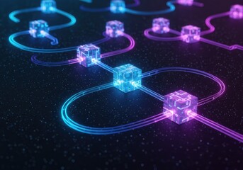 Fototapete - Abstract digital network of cubes and lines