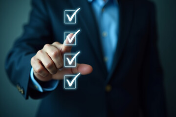 Fototapete - Businessman tick correct sign mark for document approve , project acceptance and quality assurance concept, Take an assessment, questionnaire, evaluation, online survey online exam. 