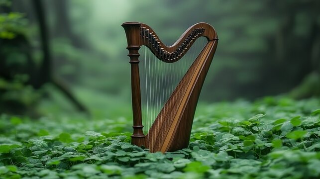 Wooden Celtic harp standing on clover ground in forest