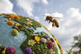 honeybee hovering above floral earth sky background concept world bee day