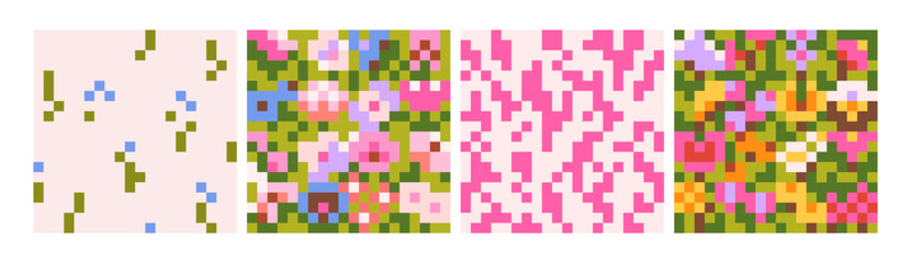 Fototapete - Abstract seamless patterns, 8-bit design set. Pixel art with colorful flower blocks in retro game style. Endless background, 8bit print, pixelart, squares. Colored flat graphic vector illustrations