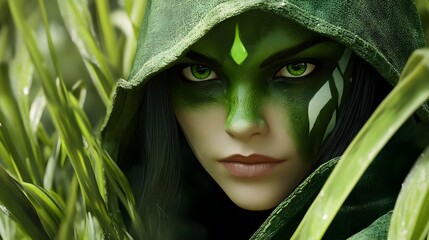 Wall Mural - Mysterious Person in Green Hood with Bold Green Face Paint